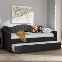 Baxton Studio BBT6577-Dark Grey-Day Bed Kaija Modern and Contemporary Dark Grey Fabric Daybed with Trundle